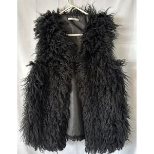 Papaya Shaggy Vest L Black Faux Fur Open Front Boho Rock Chic Mod Punk Med